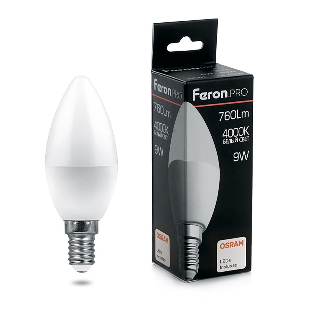 Лампа светодиодная PRO LB-1309 Свеча E14 9W 4000K OSRAM LED Feron